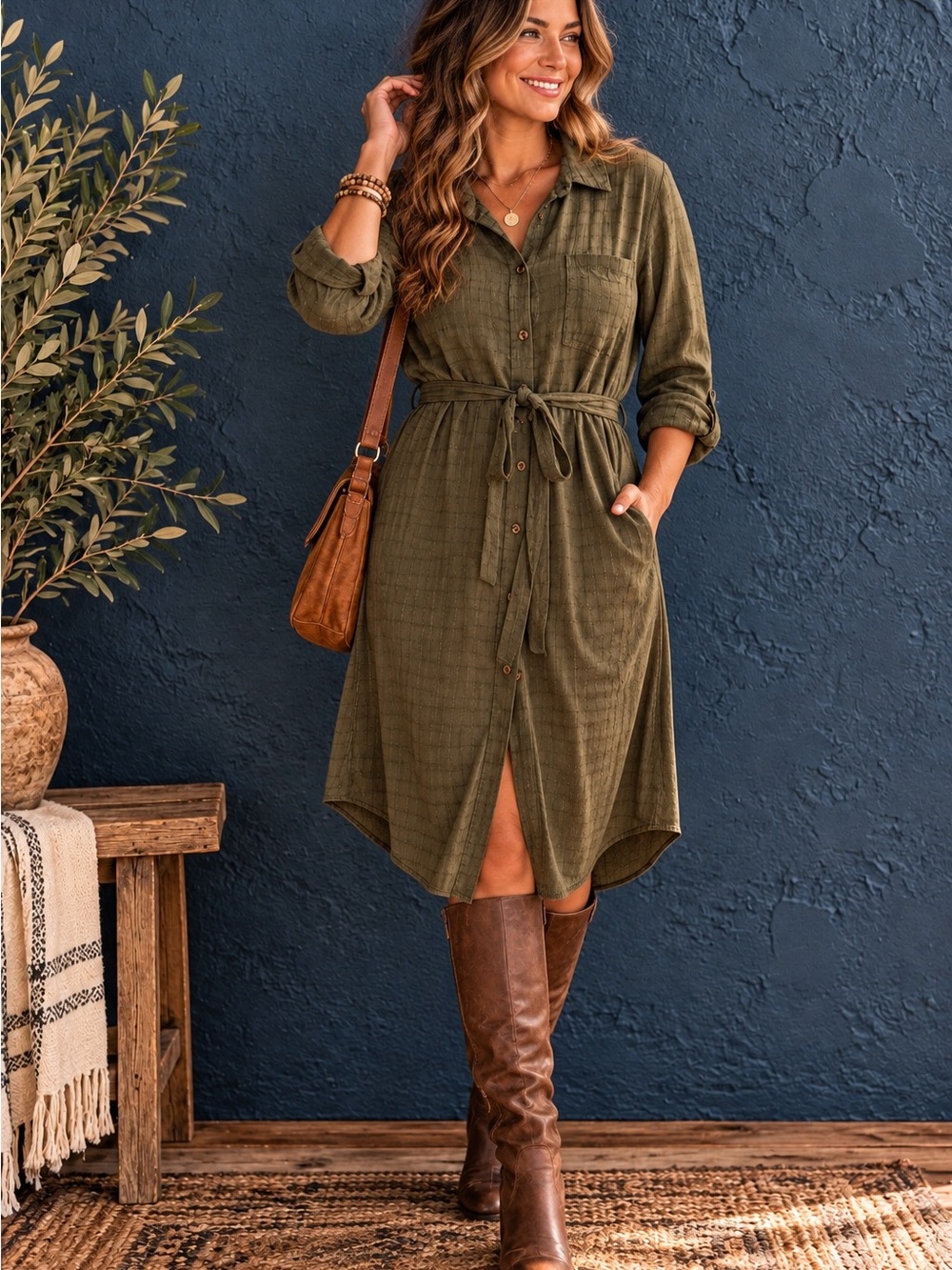 Sonoma XL Olive Green Shirt Dress Button Front Tie Waist Fall Dress
